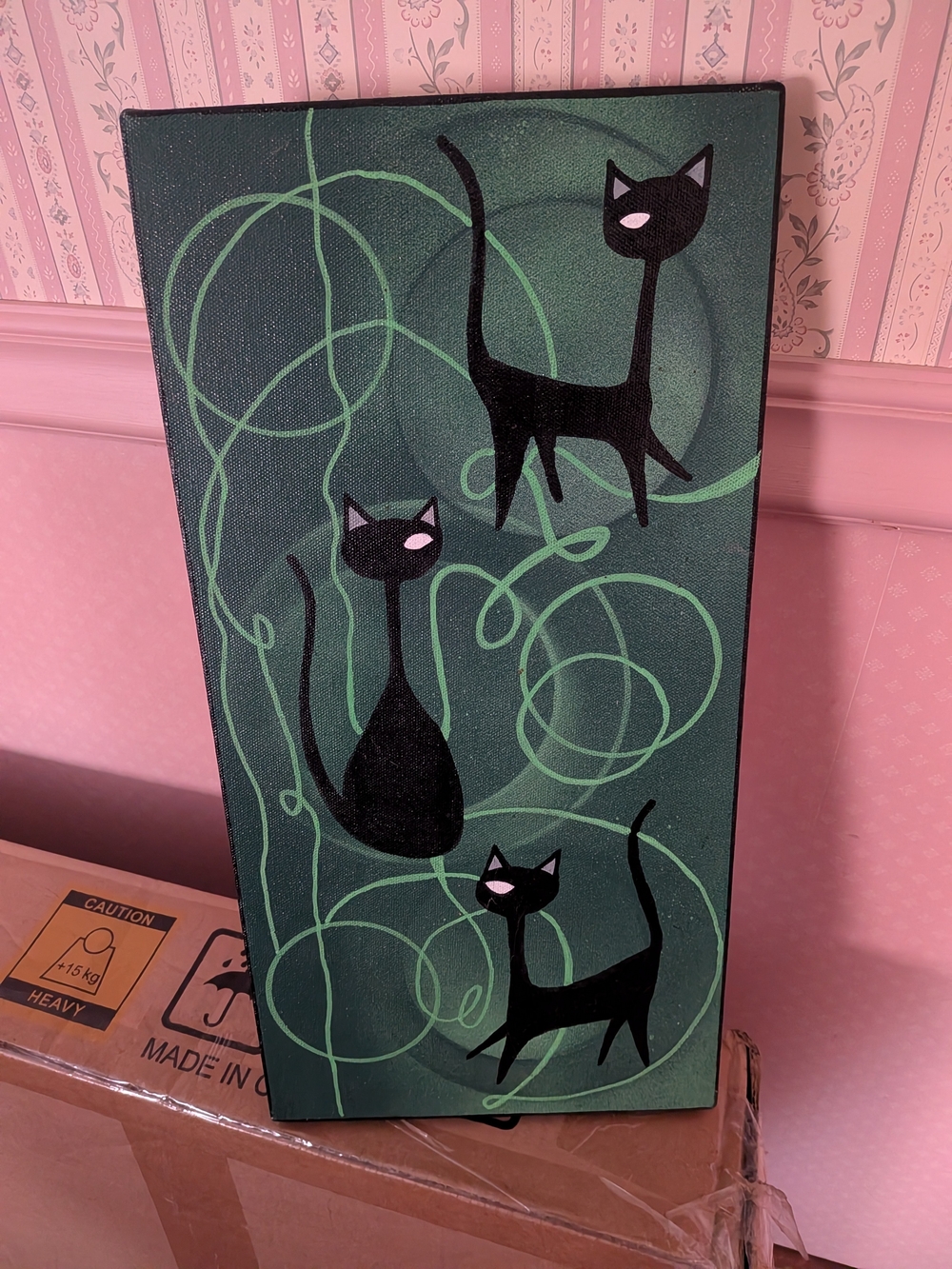 Black Cat Canvas Art Print in Green - Decorative Pets Cat Wall Art